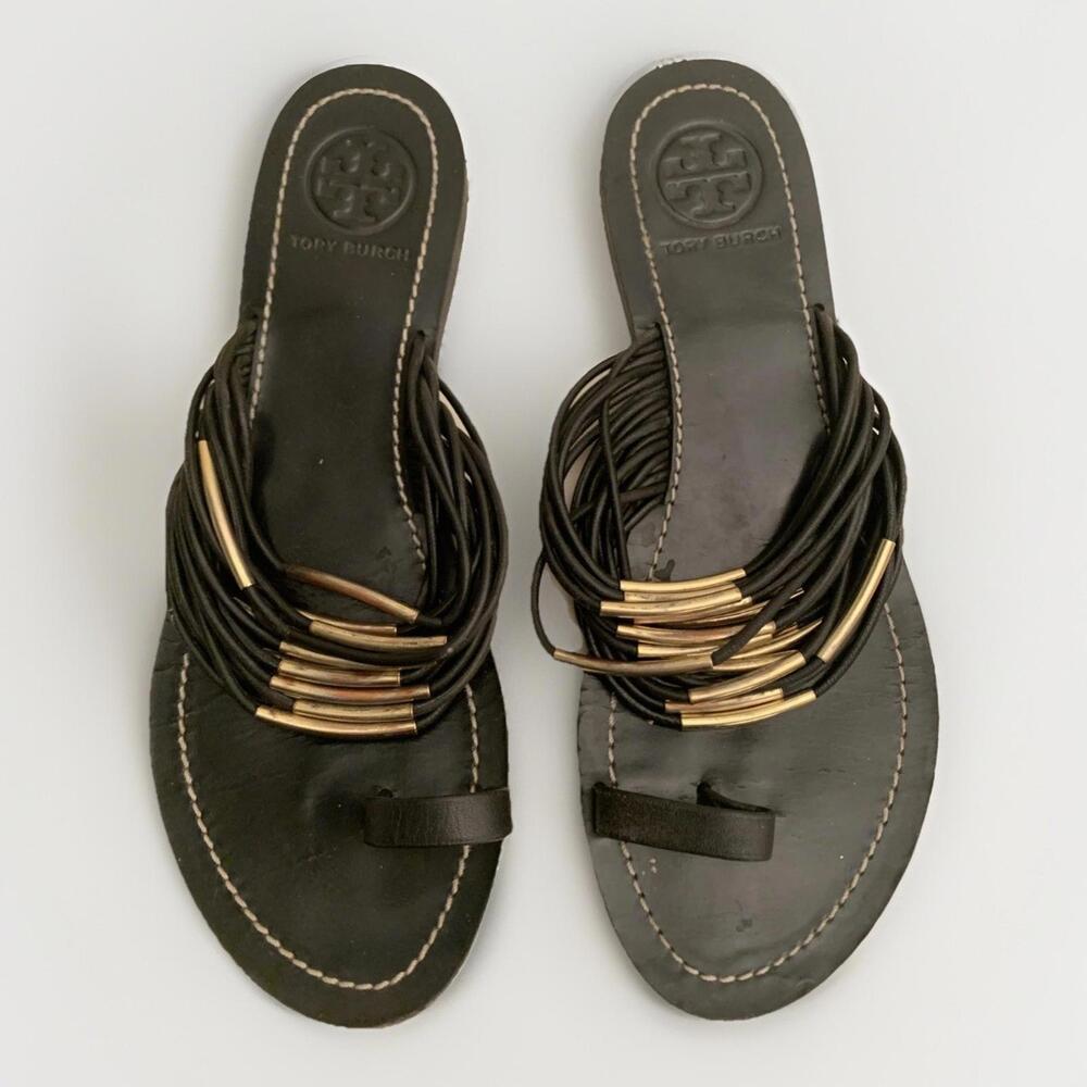 Tory Burch Women’s Black Minnan Strappy Sandals Flats Size 8